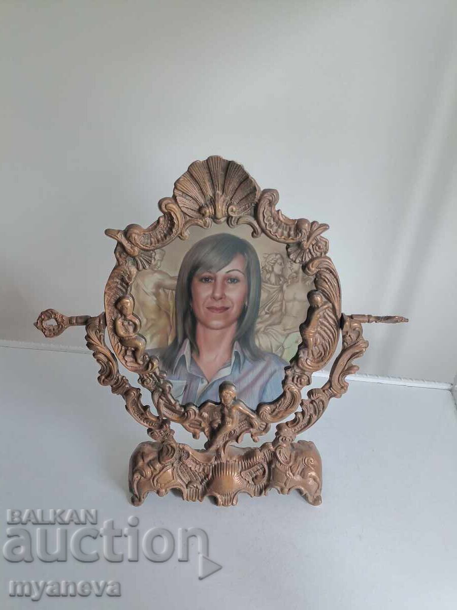 Vintage, μπρούτζινο, συμπαγές, επιτραπέζιο καθρέφτη - 6