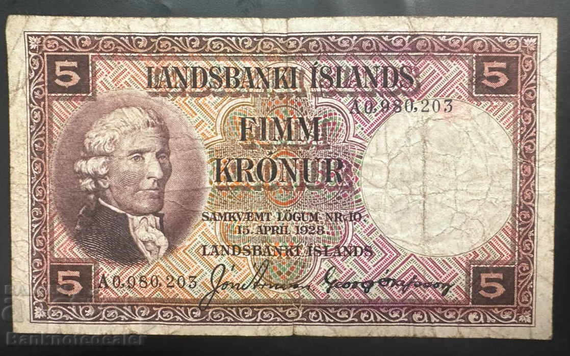 Islanda 5 Kronur 1928 Pick 31 Ref 0203