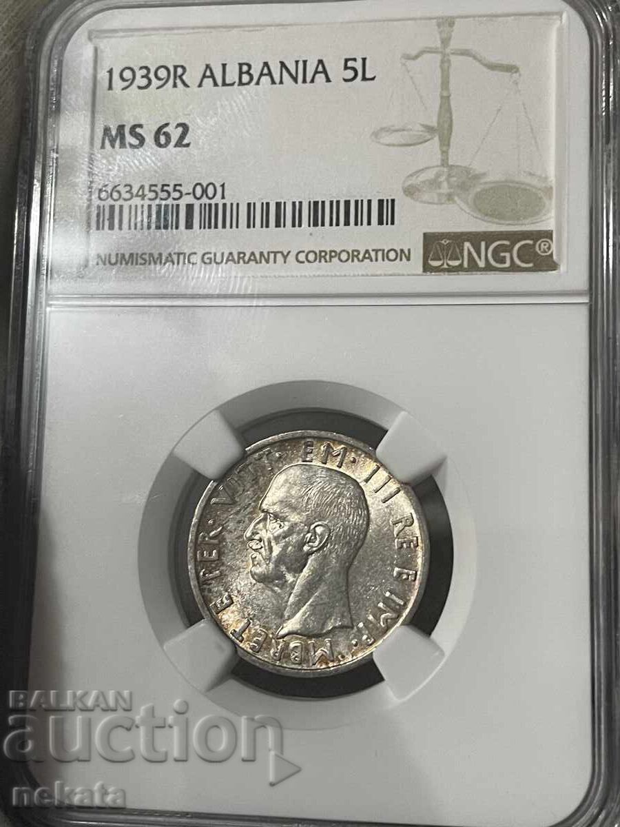 5 лека, 1939, Албания, MS62 NGC