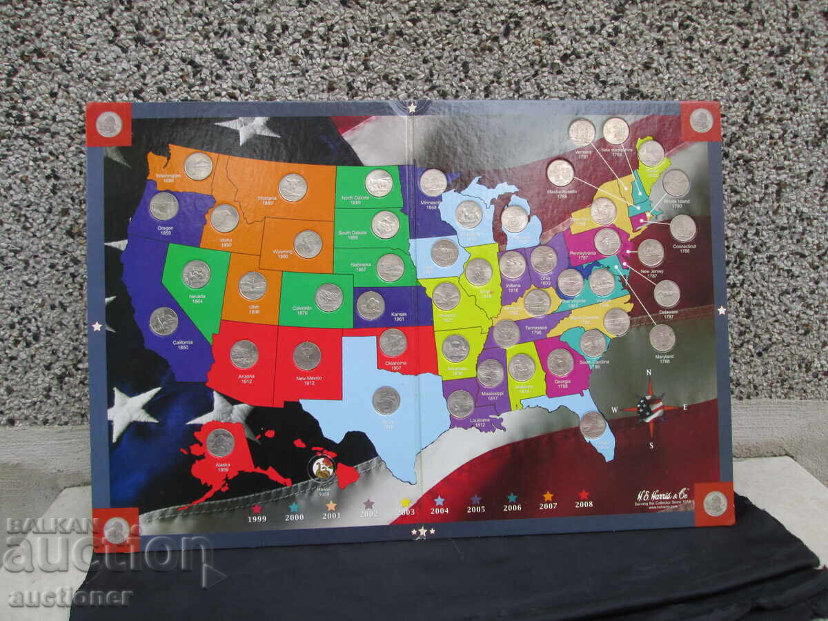 АЛБУМ С КАРТИ НА ЩАТ. КВАРТАЛИ С ПЪЛ. КО-КТ ОТ 50 МОНЕТИ с цена 130.00 лв. | € 66.47