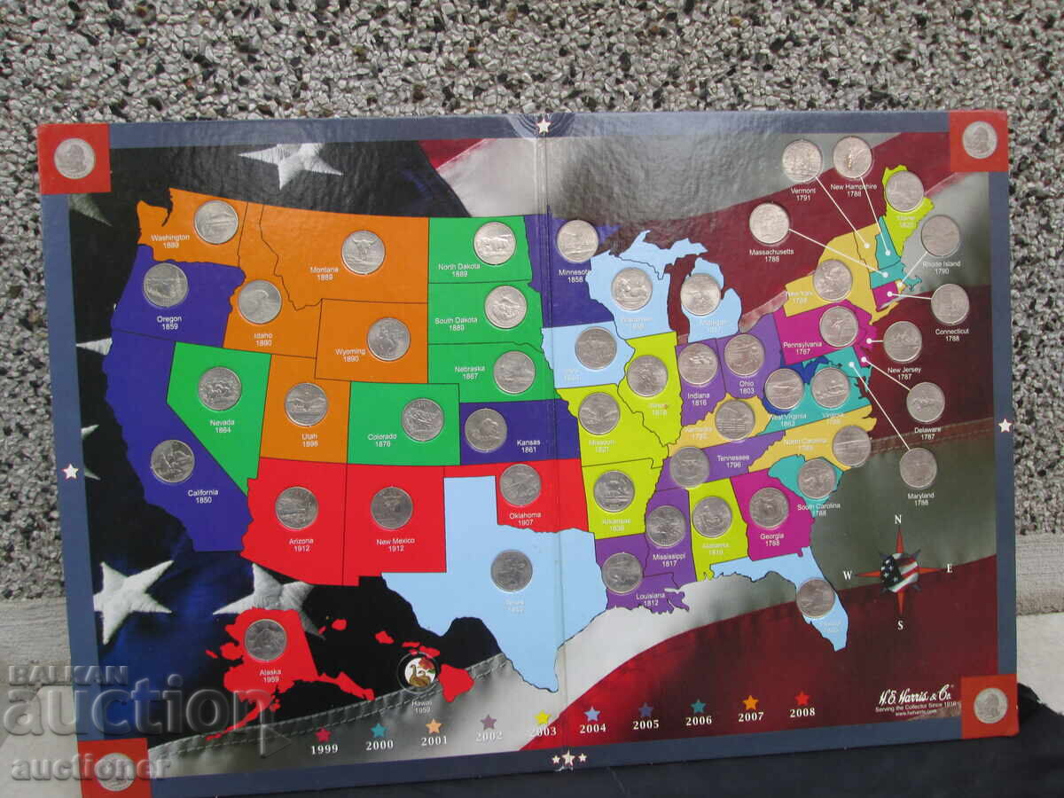 Аукцион АЛБУМ С КАРТИ НА ЩАТ. КВАРТАЛИ С ПЪЛ. КО-КТ ОТ 50 МОНЕТИ