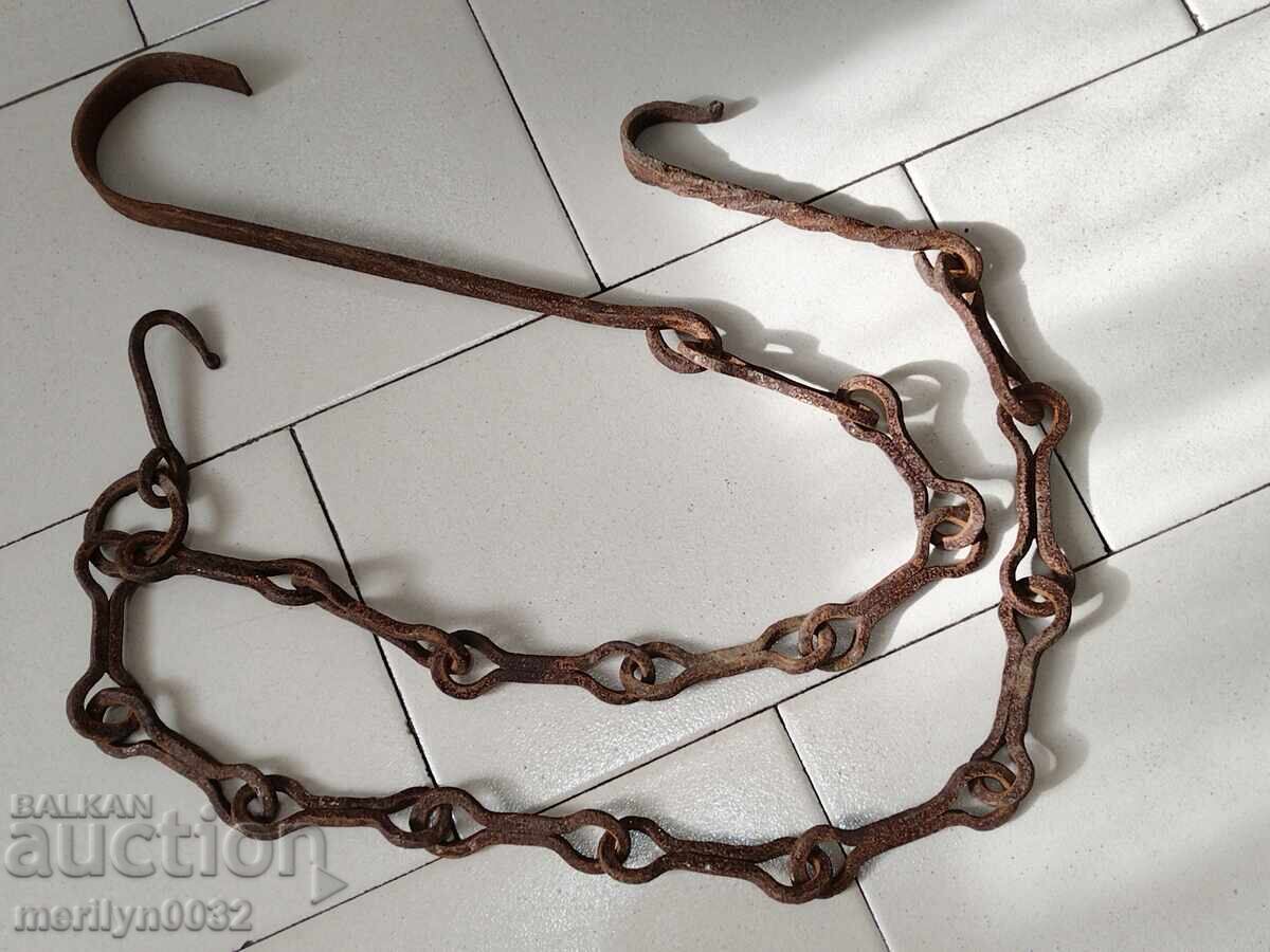 Old wrought iron chain with hook, hearth chain hook chain