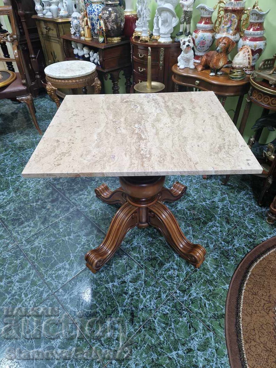 Страхотна антикварна белгийска дървена маса с мраморен плот