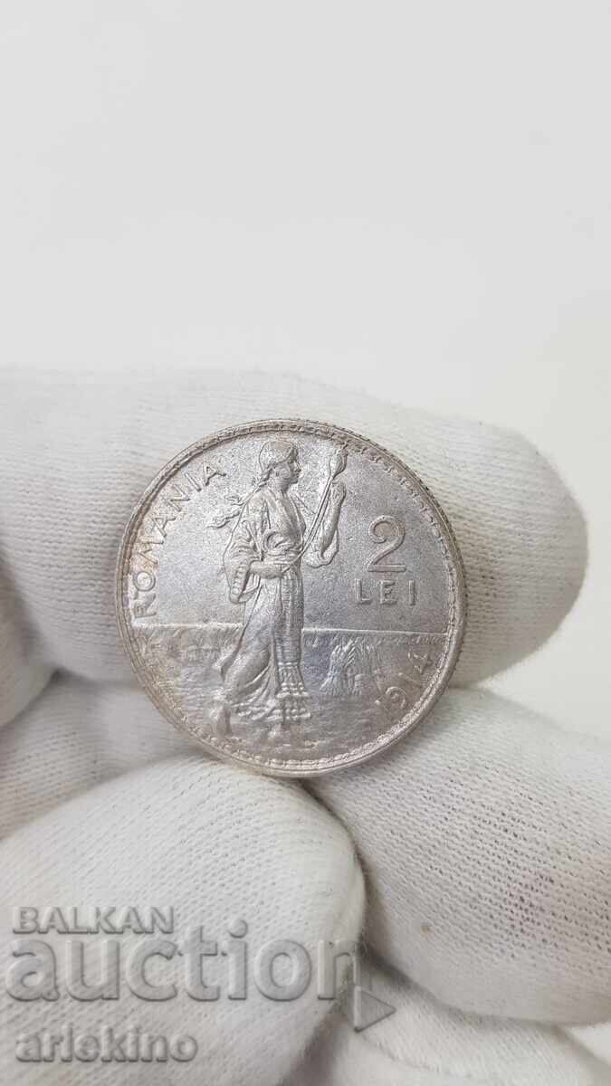 Licitație Monedă de argint românească regală 2 lei 1914 Licitație Monedă de argint românească regală 2 lei 1914