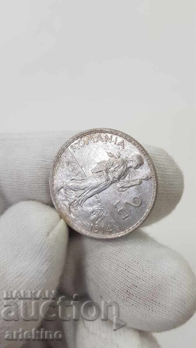 Monedă de argint românească regală 2 lei 1914 - 5 Monedă de argint românească regală 2 lei 1914 - 5