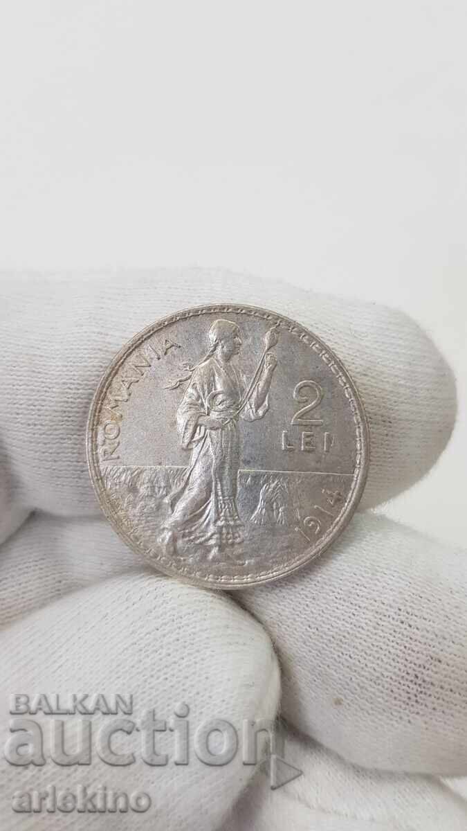 Monedă de argint românească regală 2 lei 1914 Monedă de argint românească regală 2 lei 1914
