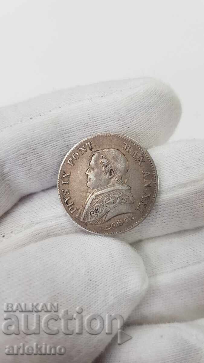 Σπάνιο ασημένιο νόμισμα 1 Λίρα 1866 Βατικανό με τιμή 75.00 BGN | € 38.35