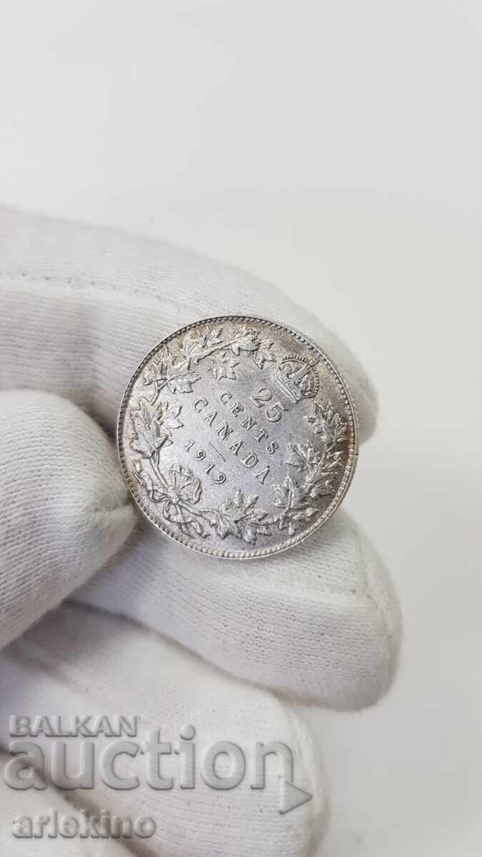 Rare Silver Coin 25 Cents British Canada 1919 with price 85.00 BGN | € 43.46 Rare Silver Coin 25 Cents British Canada 1919 with price 85.00 BGN | € 43.46