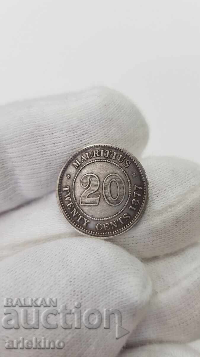 Σπάνιο νόμισμα 20 σεντ 1877 Μαυρίκιος Βικτώρια με τιμή 140.00 BGN | € 71.58