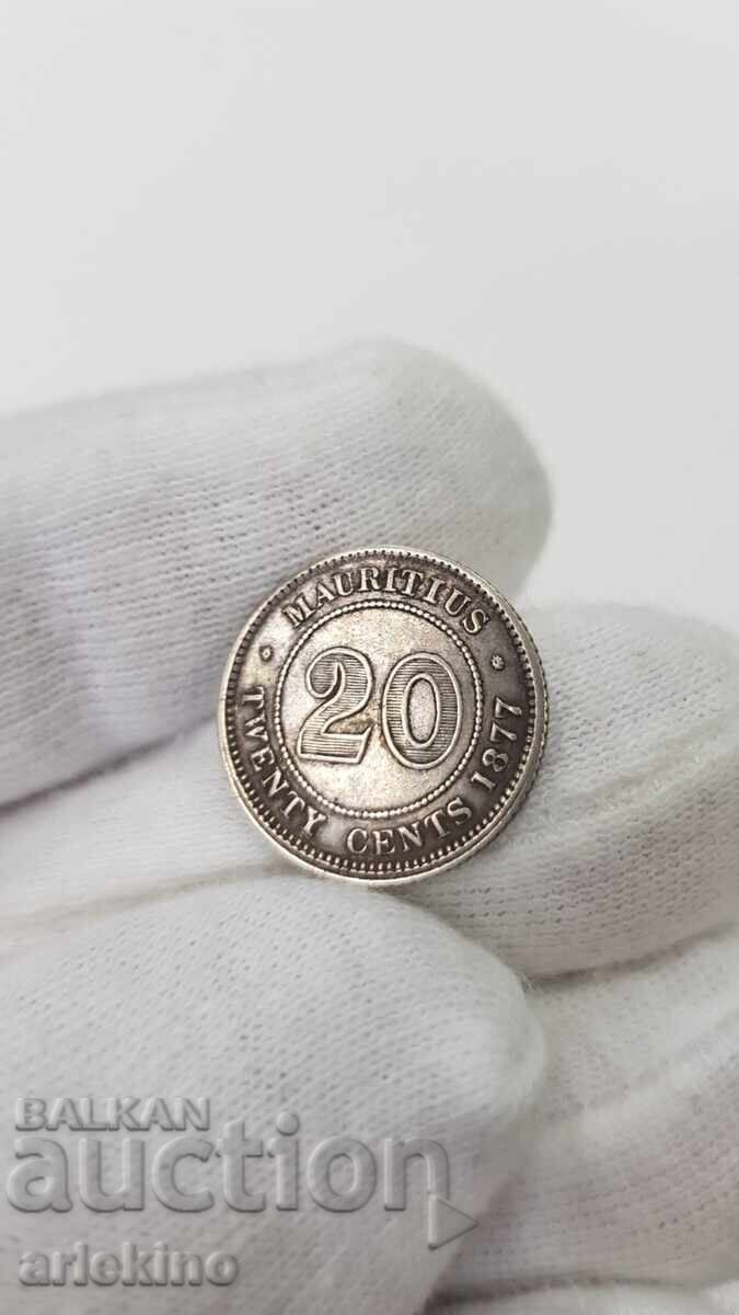 Σπάνιο νόμισμα 20 σεντ 1877 Μαυρίκιος Βικτώρια - 5
