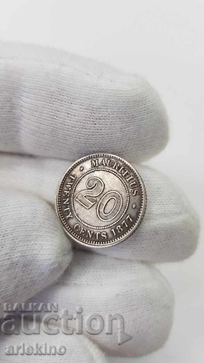 Σπάνιο νόμισμα 20 σεντ 1877 Μαυρίκιος Βικτώρια - 6