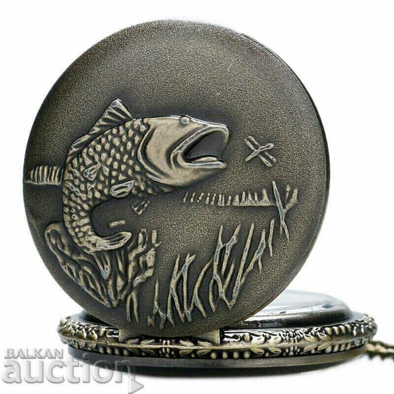 Auction  Beautiful Pocket Watch with Fisherman Fishing Rod Catch Fish