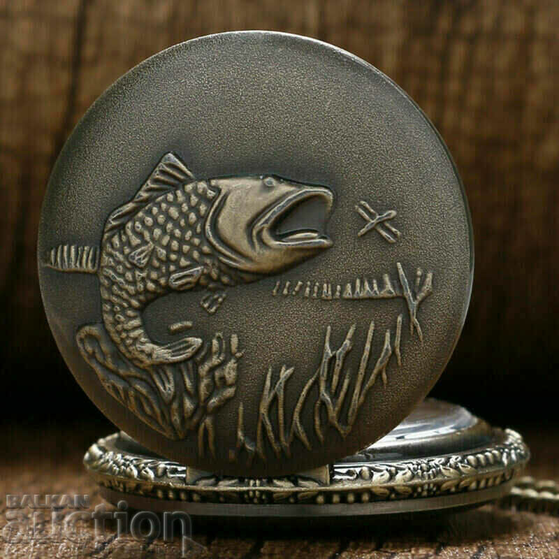 Beautiful Pocket Watch with Fisherman Fishing Rod Catch Fish - 5