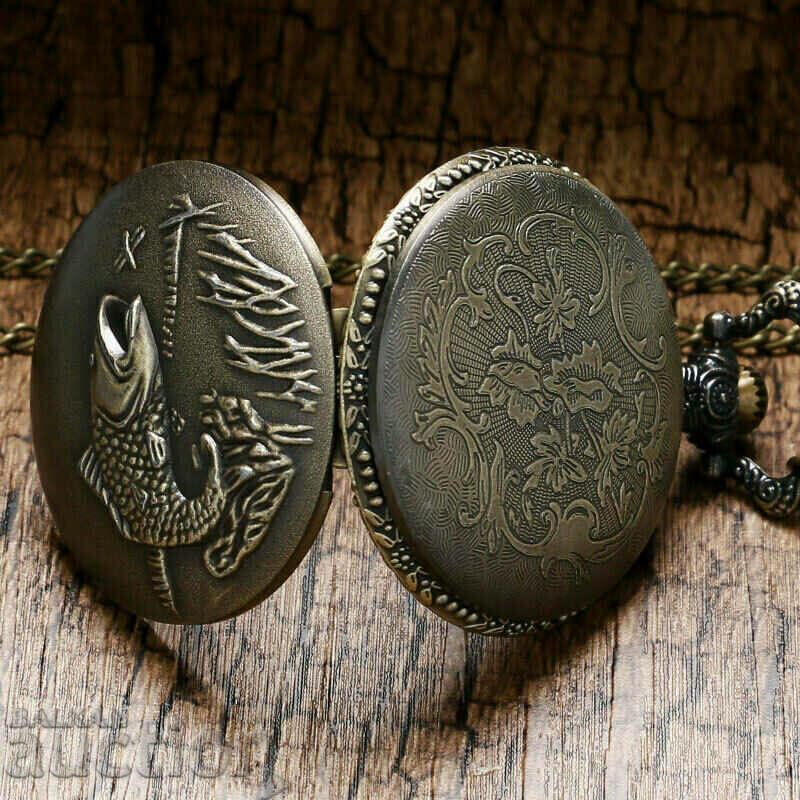 Beautiful Pocket Watch with Fisherman Fishing Rod Catch Fish - 6