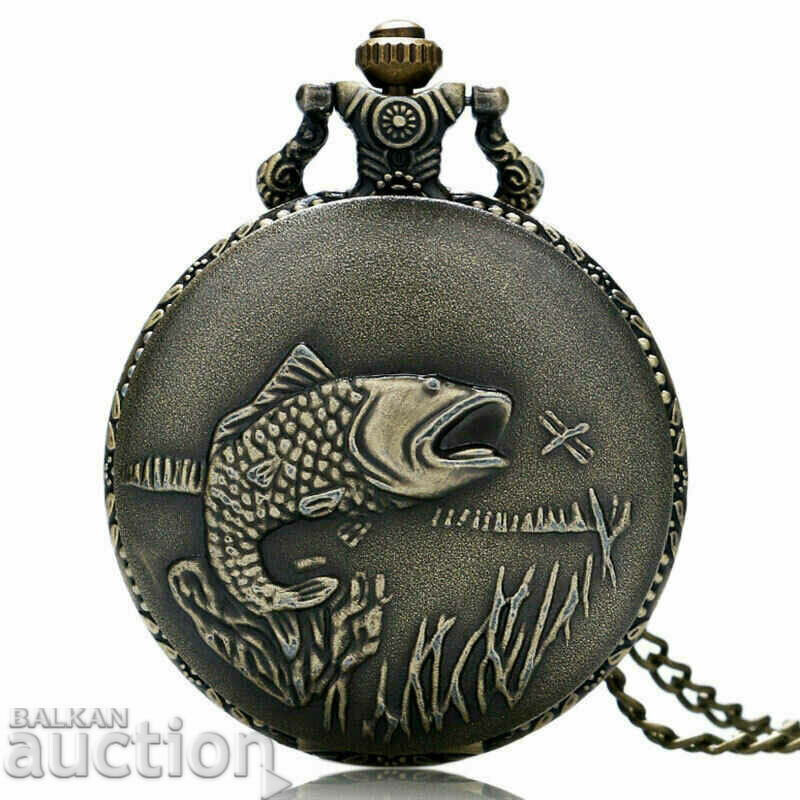 Beautiful Pocket Watch with Fisherman Fishing Rod Catch Fish