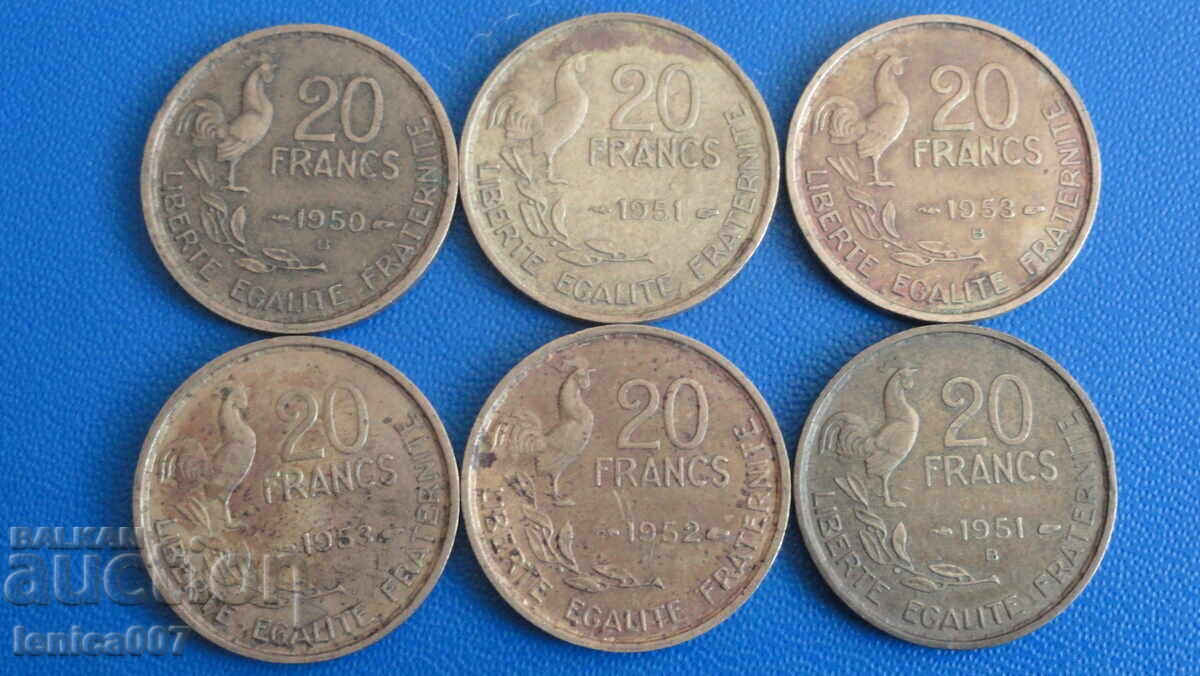Auction France 1950-53 - 20 Francs (6 pieces) Auction France 1950-53 - 20 Francs (6 pieces)