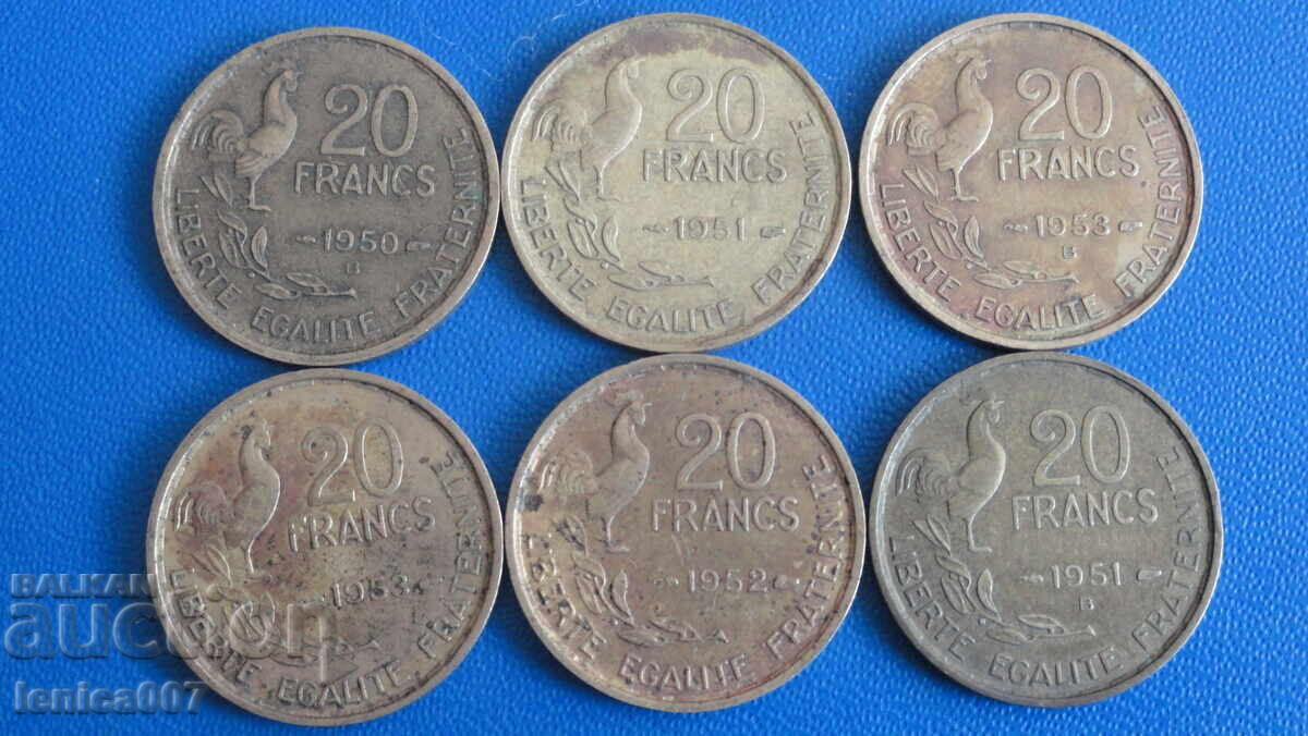 France 1950-53 - 20 Francs (6 pieces) France 1950-53 - 20 Francs (6 pieces)