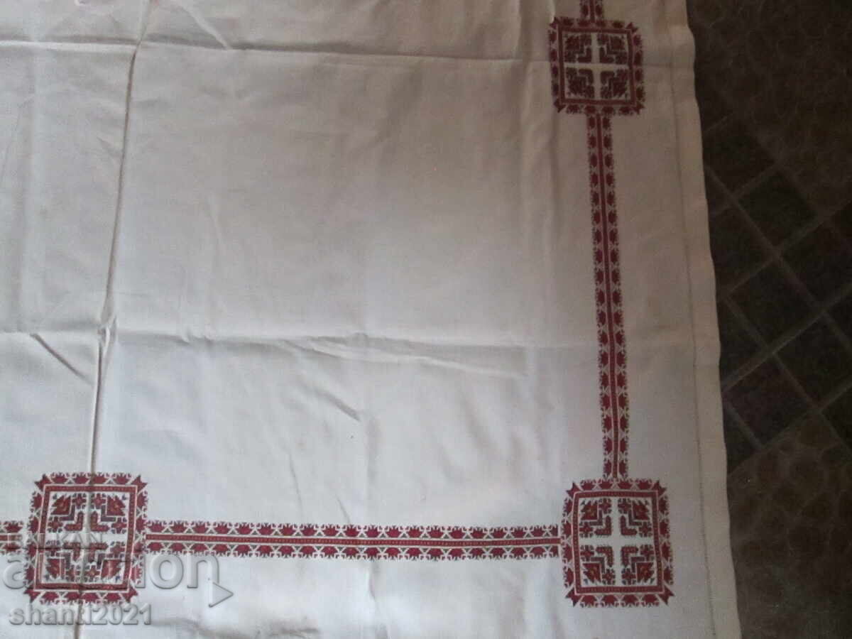 Hand-embroidered tablecloth, folk motifs, 145x145 cm with price 55.00 BGN | € 28.12 Hand-embroidered tablecloth, folk motifs, 145x145 cm with price 55.00 BGN | € 28.12