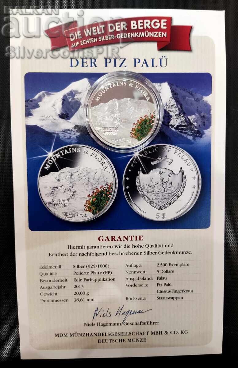 Аукцион Сребро 5$ Връх Пиц Палю Планини и Флора 2013 Палау Аукцион Сребро 5$ Връх Пиц Палю Планини и Флора 2013 Палау
