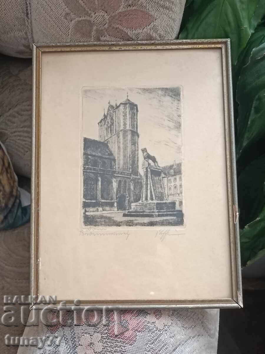 Old, unique graphic painting, glass front Old, unique graphic painting, glass front