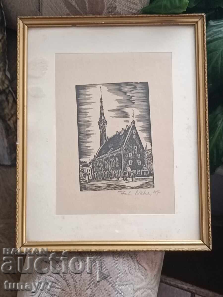 Стара уникално картина графика  стъкло отпред