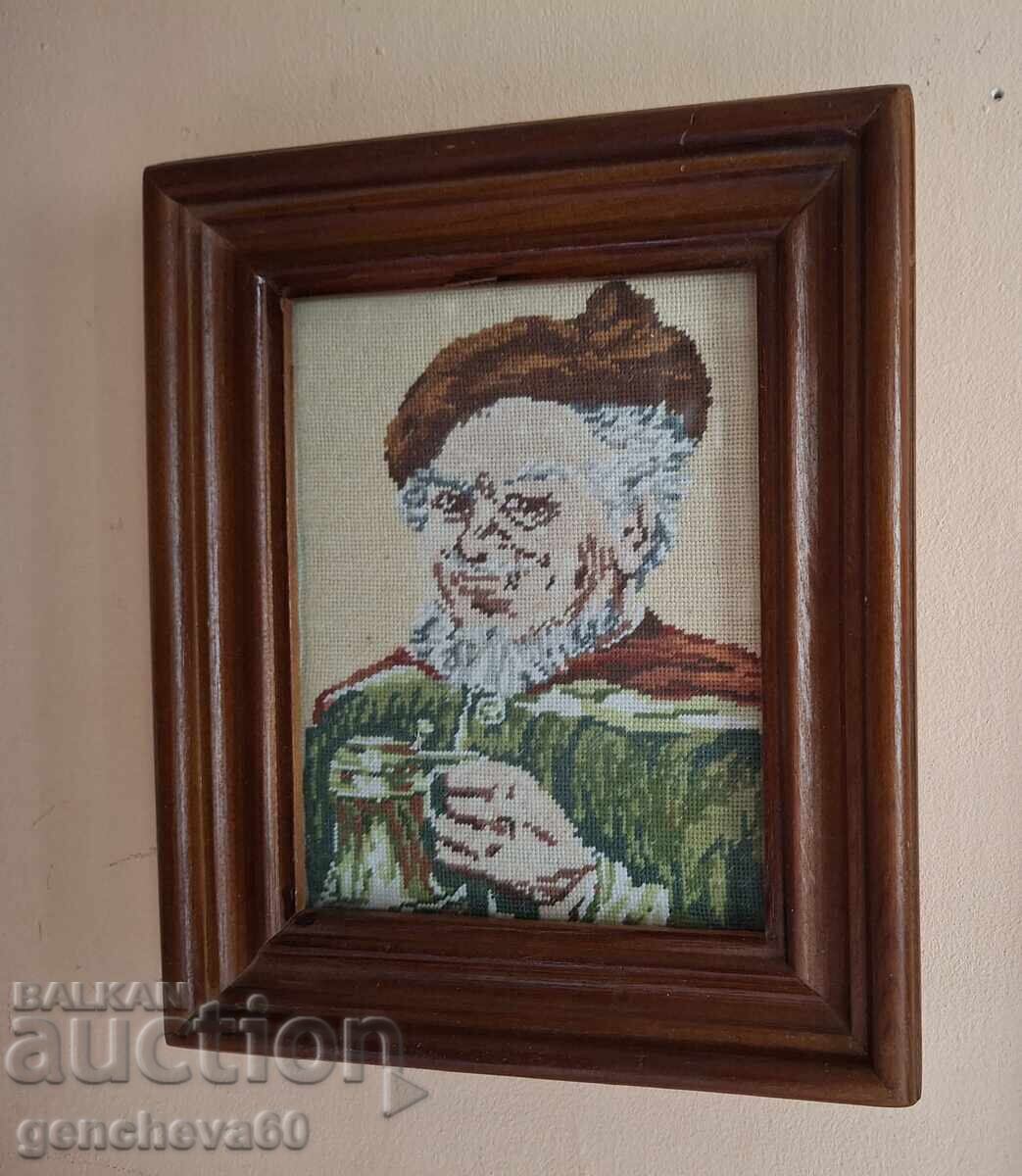 Hand-stitched tapestry "Sailor with a mug"