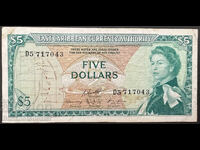 East Caribbean Currency 5 Dollars 1965 Pick 14 Ref 7043