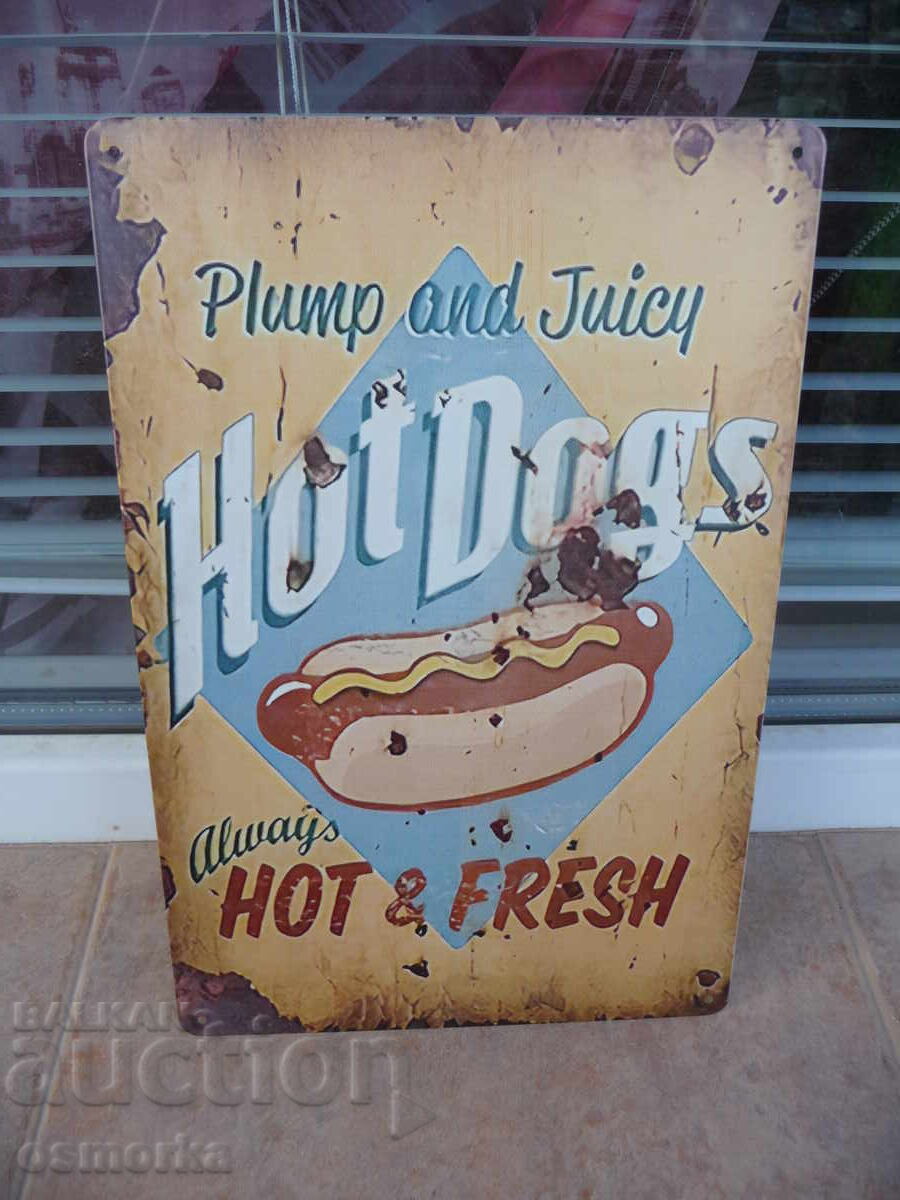 Plăcuță metalică hot dog cârnați calzi crenvurști chiflă muștar Plăcuță metalică hot dog cârnați calzi crenvurști chiflă muștar