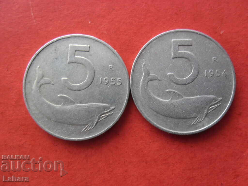 5 Lire 1954 and 1955 Italy