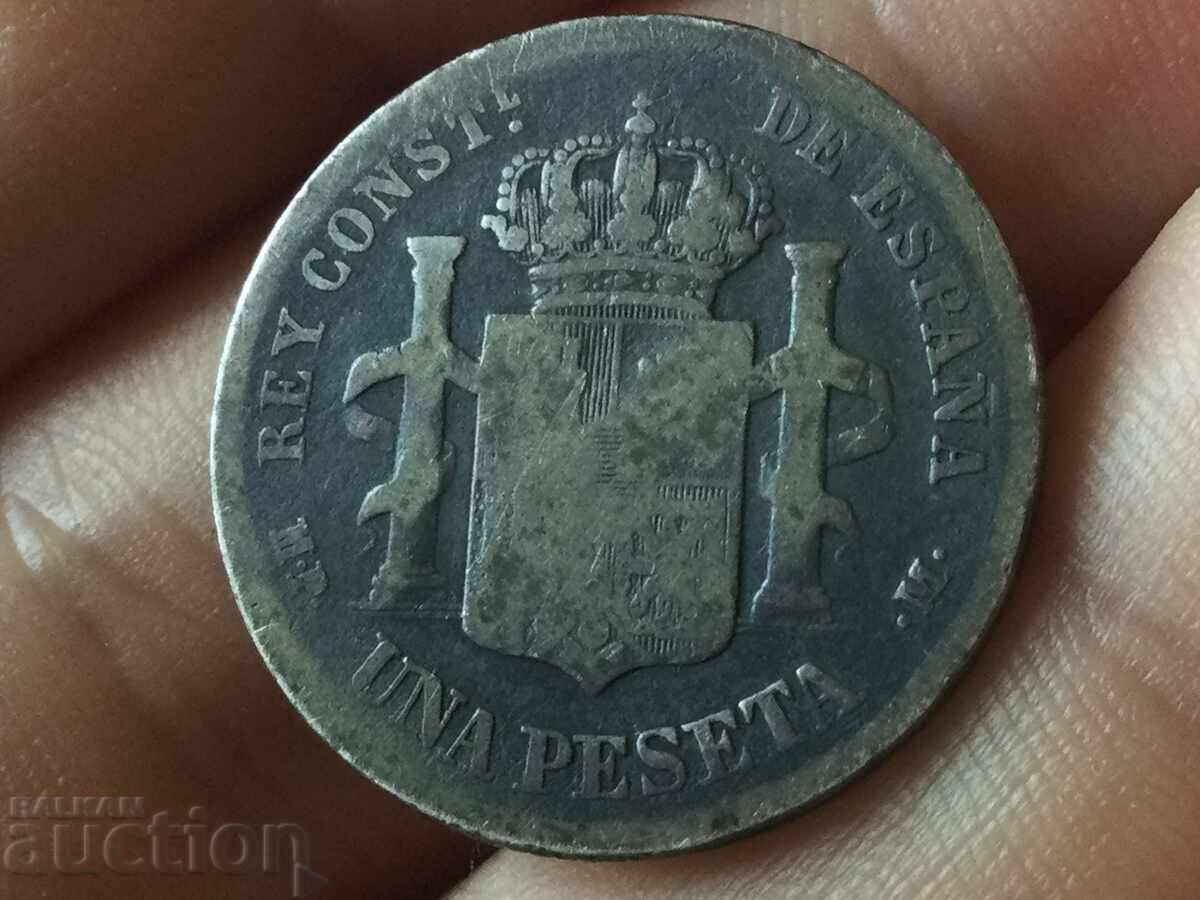 Spania 1 peseta 1889 Alfonso XIII monedă rară de argint cu preț 49.00 BGN | € 25.05