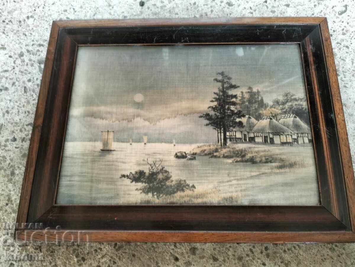 Tablou pictat cu cerneală japoneză Meiji pe mătase periată Tablou pictat cu cerneală japoneză Meiji pe mătase periată