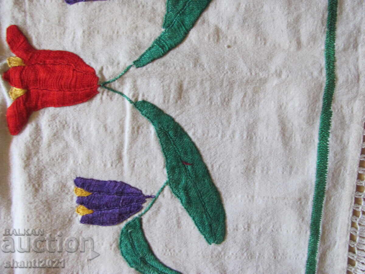 Аукцион 19в. кърпа, ръчно тъкан кенар, ръчна бродерия , 115х30см.