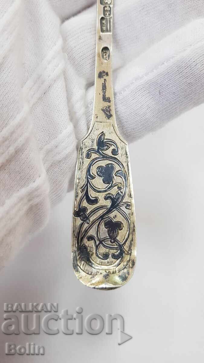 Σπάνιο ρωσικό τσαρικό ασημένιο κουτάλι, επιχρύσωση, νιέλο 84π με τιμή 380.00 BGN | € 194.29