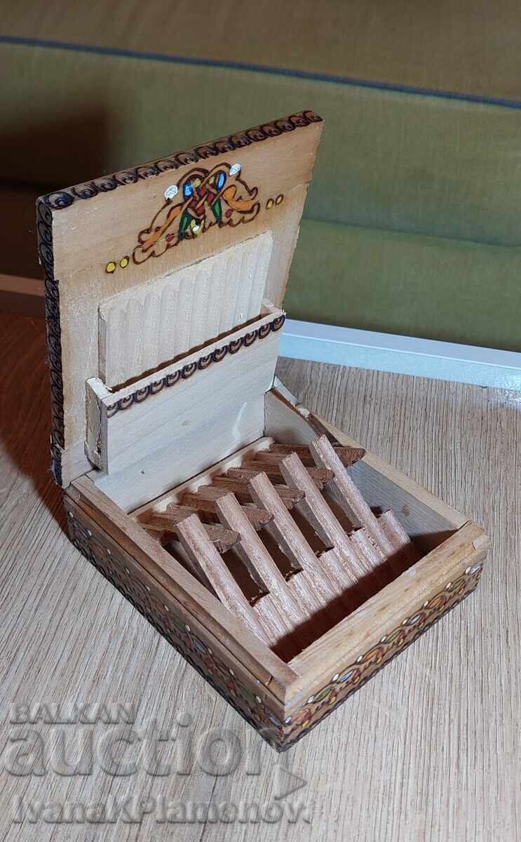 Wooden pyrography cigarette box for connoisseurs