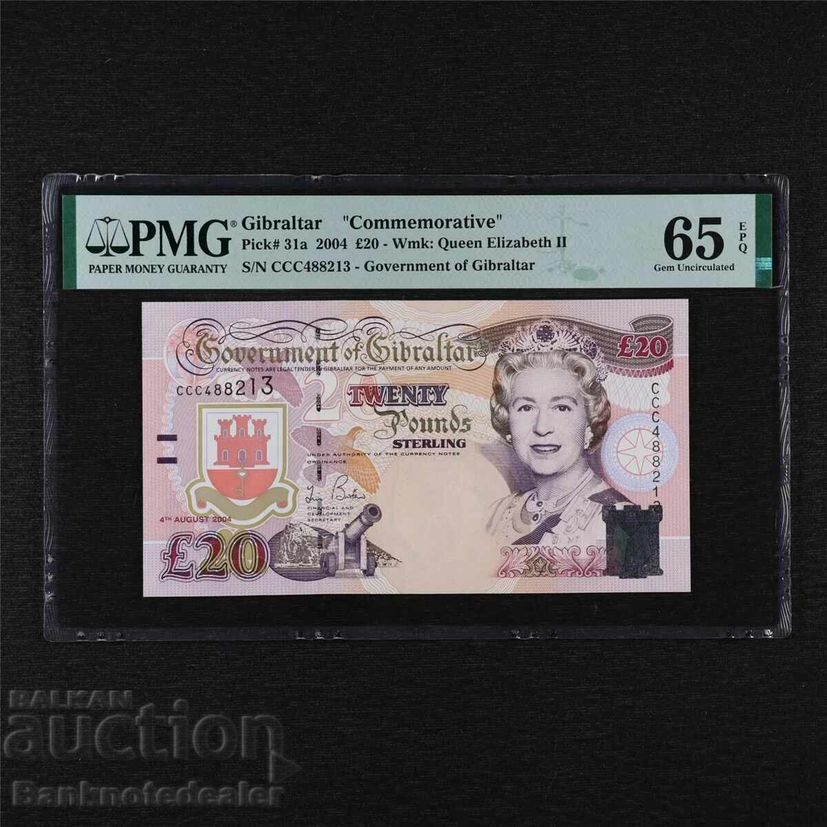 Gibraltar Comemorative 20 Pounds 2004 Pick 31a PMG 65
