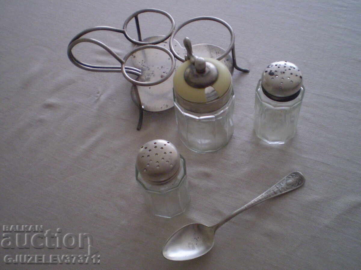 Auction  Vintage glass bottles marked ABS 9 spices, silvered