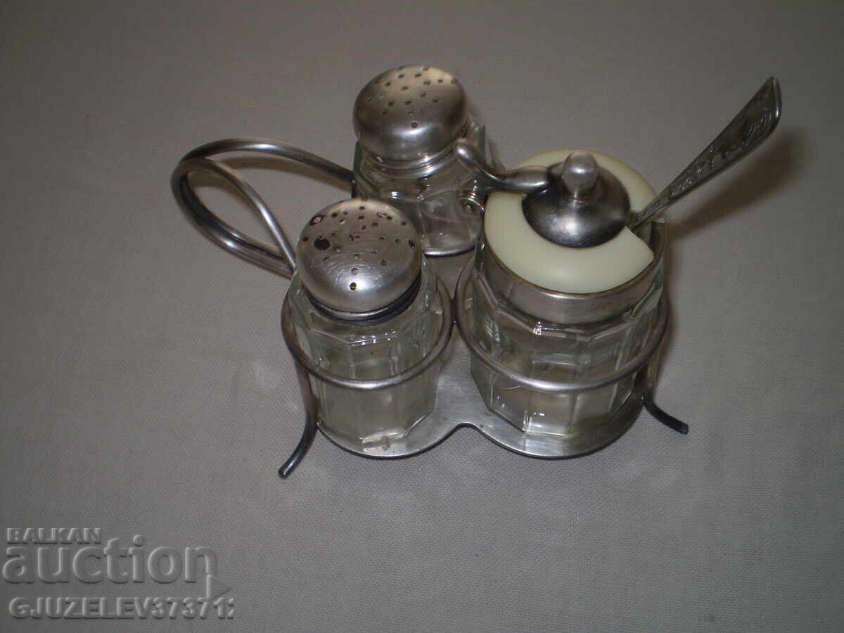 Vintage glass bottles marked ABS 9 spices, silvered