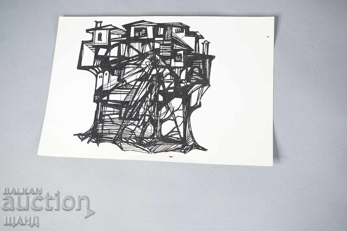 Παλιό αριστοτεχνικό σχέδιο με μελάνι, παλιό σπίτι