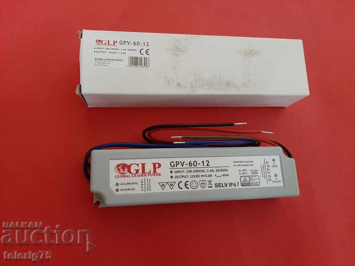 Τροφοδοτικό GLP, GPV-60-12 για LED ταινίες 60W, 5A, 12V, IP67