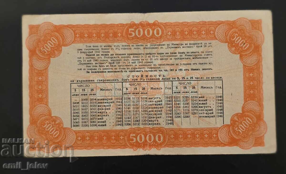 5000 lv. obligațiune de tezaur Regatul Bulgariei 1944 cu preț € 75.00 | 146.69 BGN