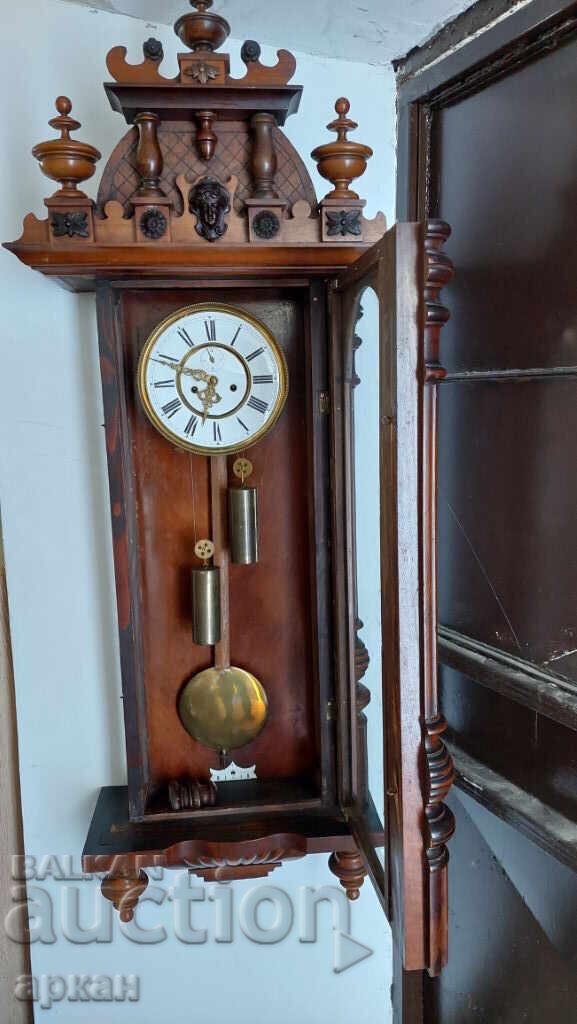 Μασίφ επιτοίχιο μηχανικό ρολόι - τέλη του 19ου αιώνα με βαρίδια - 6 Μασίφ επιτοίχιο μηχανικό ρολόι - τέλη του 19ου αιώνα με βαρίδια - 6