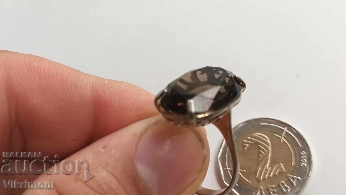 Auction Ring, brown faceted quartz, gold plating, silver, markings Auction Ring, brown faceted quartz, gold plating, silver, markings