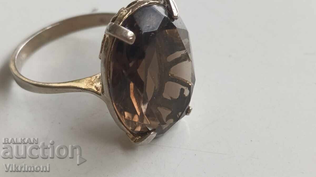 Ring, brown faceted quartz, gold plating, silver, markings Ring, brown faceted quartz, gold plating, silver, markings