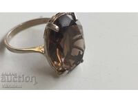 Ring, brown faceted quartz, gold plating, silver, markings