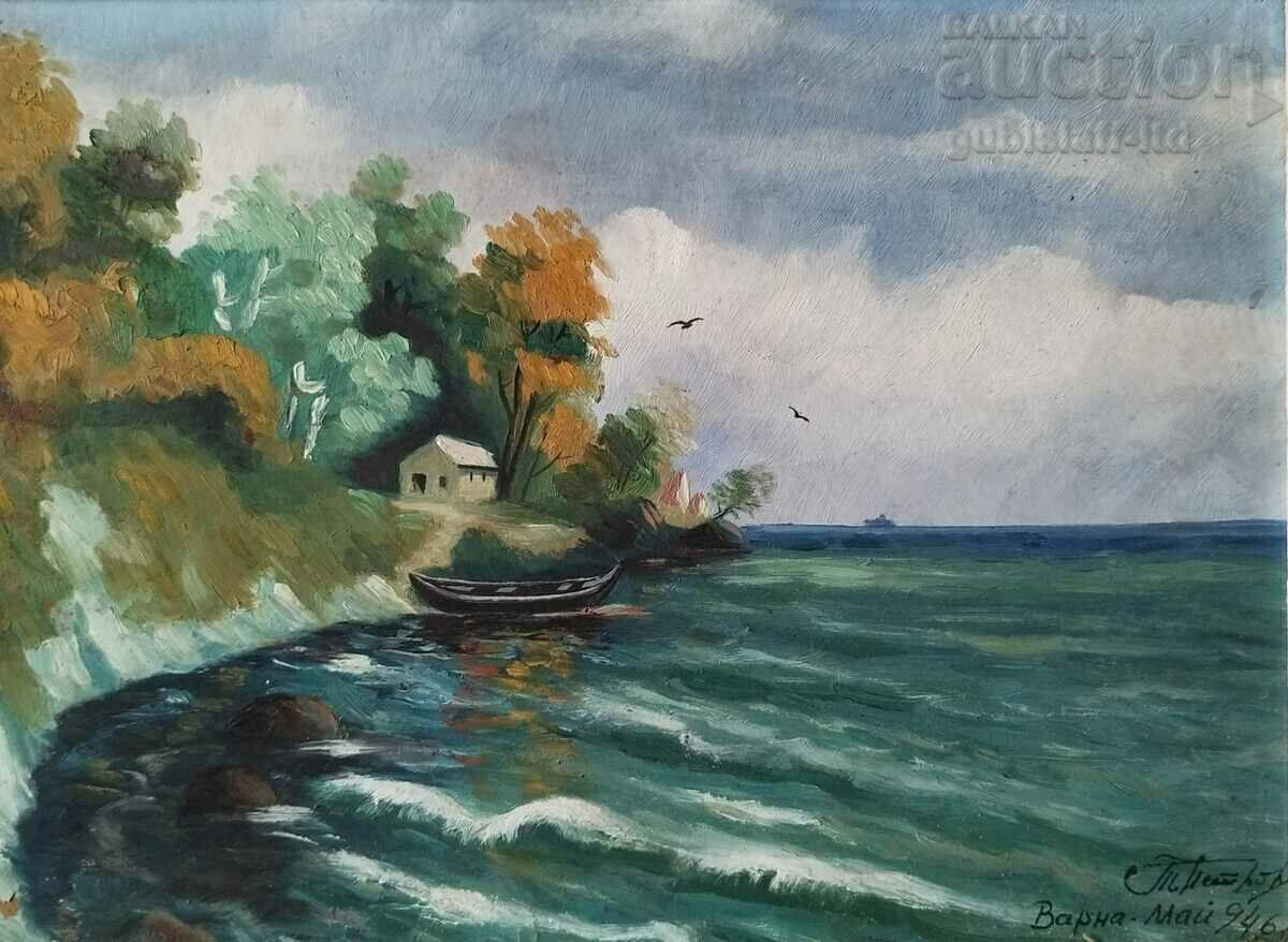 Картина "Рибарската хижа" край Варна, худ. Т.Петров, 1946 г с цена 230.00 лв. | € 117.60