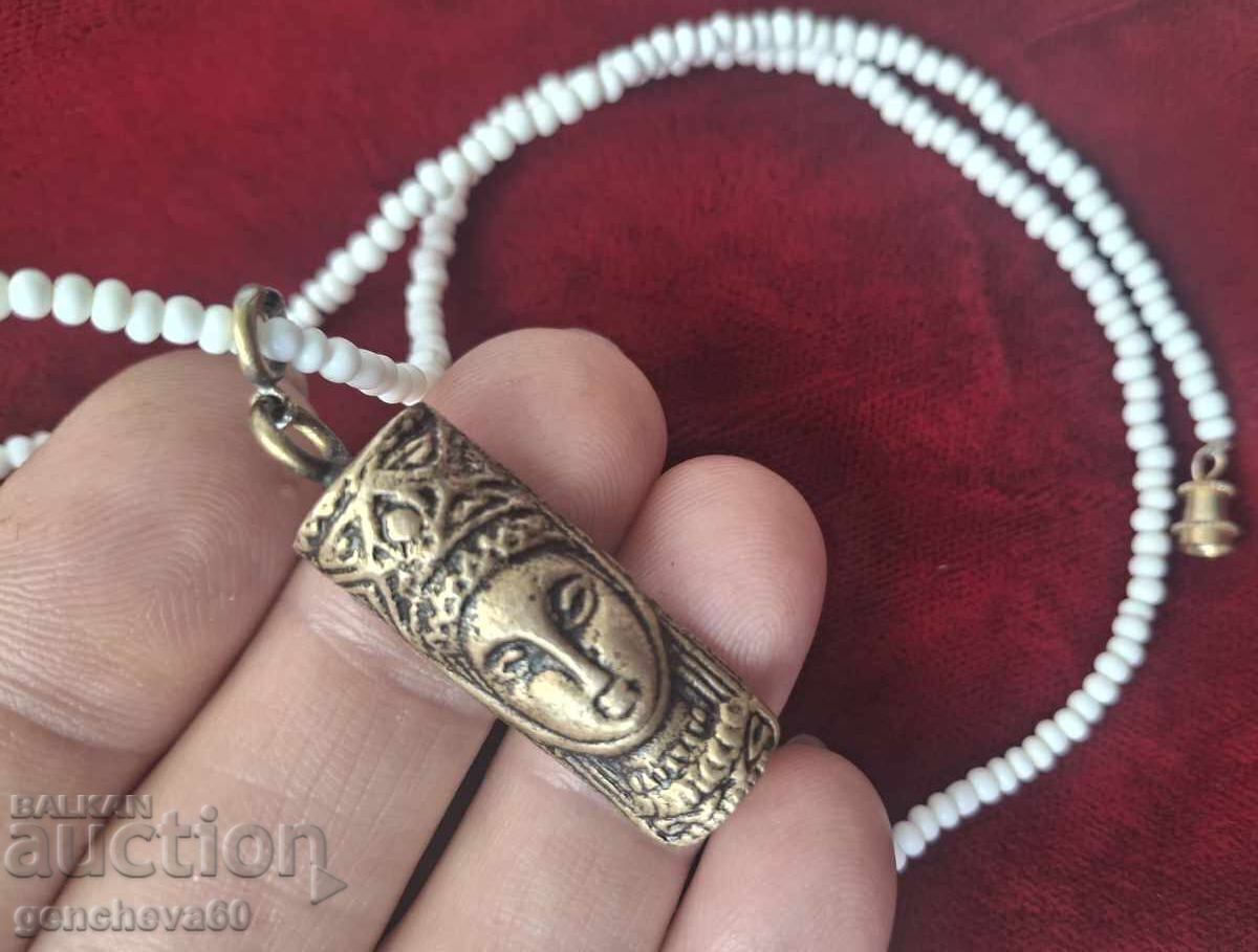 Beautiful antique bronze amulet totem, beads - 7