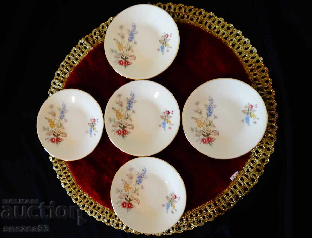 Πιάτα βαυαρικής πορσελάνης, χρυσός, λουλούδια, 5 τεμάχια