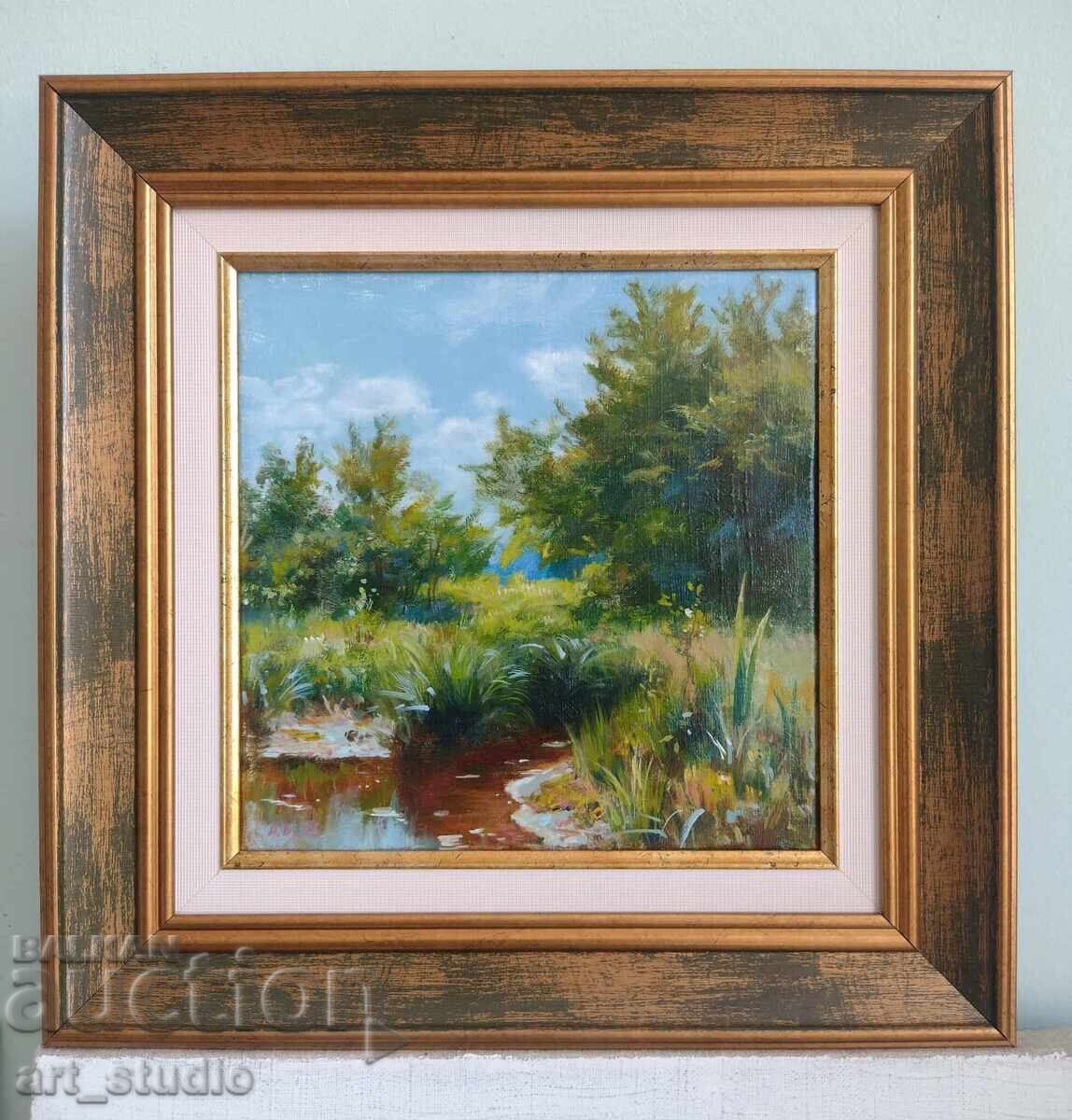 Peisaj cu un râu - vopsele în ulei