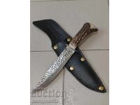 Hunting knife with sheath, deer antler handle, crossguard
