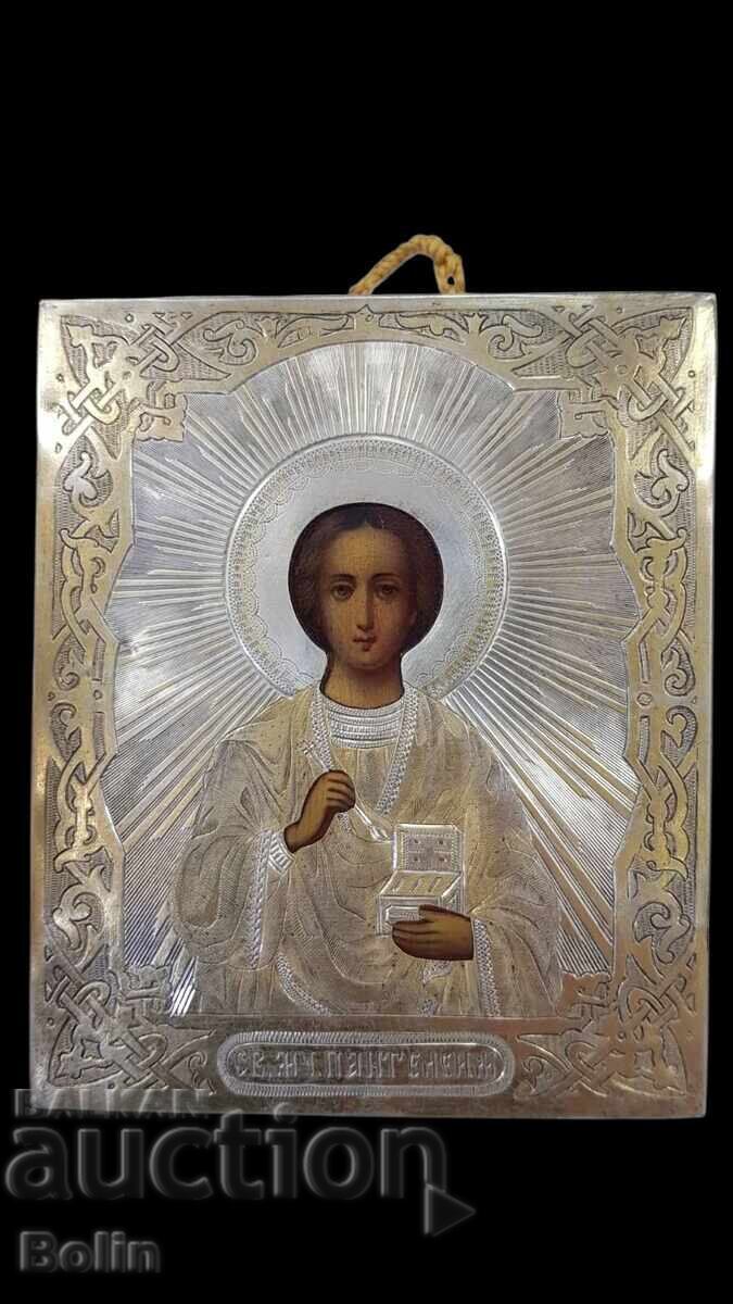 Rare Russian Imperial Silver Icon St. Panteleimon 84 pr 1881